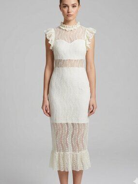 Lucy Wang Heartache Tonight Lace Dress Ivory Ruffle Midi S / XS